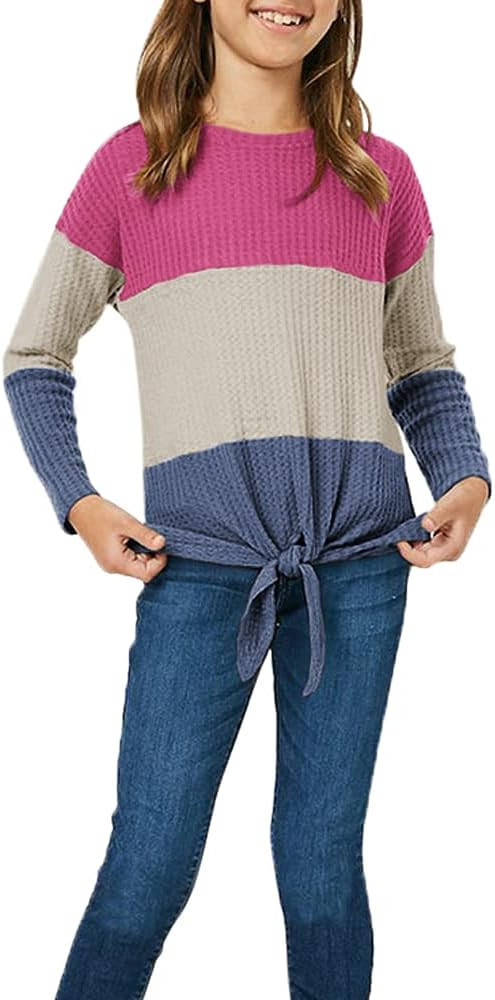 Girls Waffle Colorblock Tie Top Long Sleeve Casua T Shirt Knit Tunic | Amazon (US)