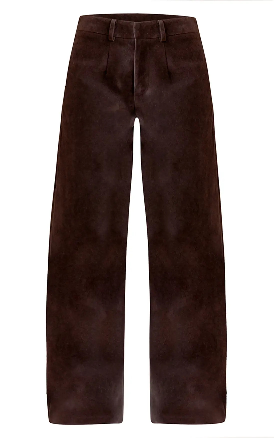 Dark Chocolate Faux Suede Straight Leg Trousers | PrettyLittleThing US