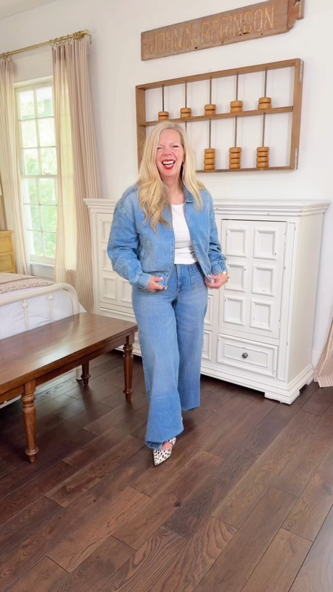 I’m having a denim on denim moment! This bomber jacket is absolutely amazing! And I love these jeans with the front pockets. They don’t have a lot of stretch, and they run a little large. I would definitely size down – – I’m wearing a size 6 here! They are actually way too long for me, I’m going to cut them off, but I’ve tucked them under so you can get an ideaof what they look like!

#LTKStyleTip #LTKOver40 #LTKPetite