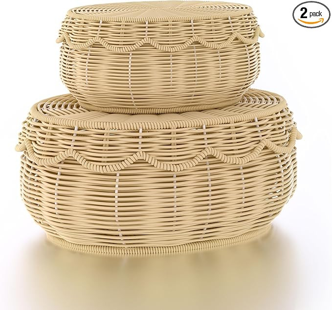 Wicker Storage Basket with lid Hand Woven Rattan Basket Small Scalloped Basket Set of 2 Woven Bas... | Amazon (US)