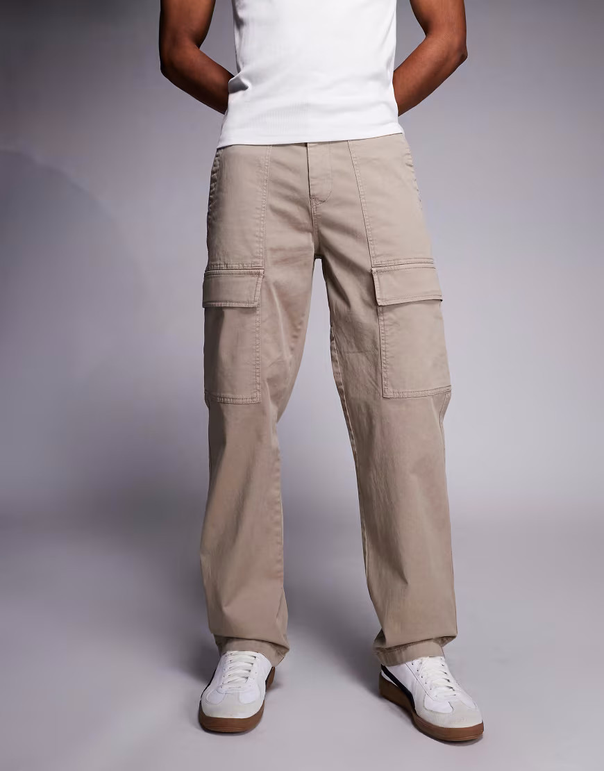River Island loose fit cargo trousers in stone-Neutral | ASOS (Global)
