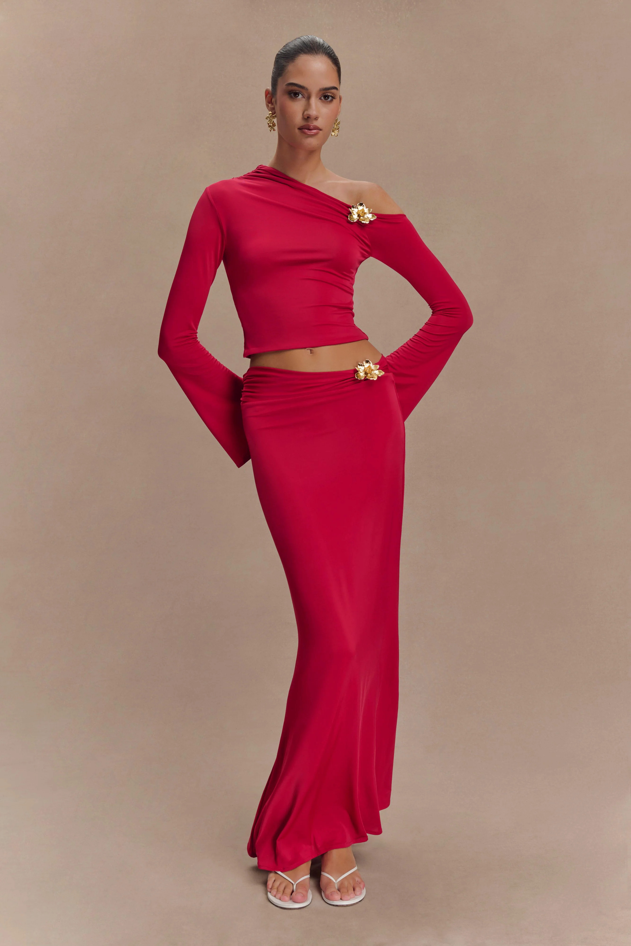 Ainsley Asymmetrical Maxi Skirt With Floral Hardware - Fuchsia Pink | MESHKI US
