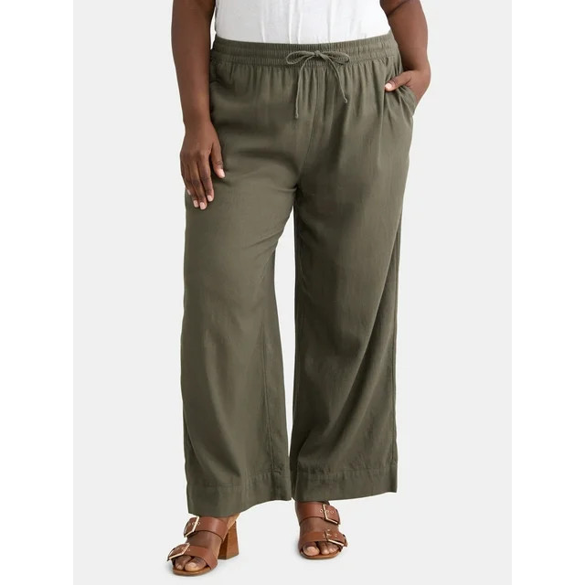 Time and Tru Women's and Women's Plus Wide Leg Linen Blend Pants, 29" Inseam, Sizes XS-4X | Walmart (US)