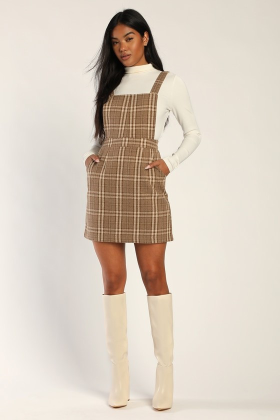 Plaid to Be Yours Beige and Brown Plaid Pinafore Mini Dress | Lulus