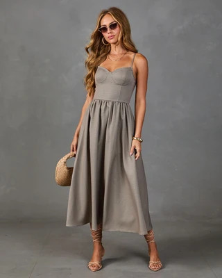 Sunday Sol Houndstooth Plaid Tweed Midi Dress Taupe / XS | VICI
