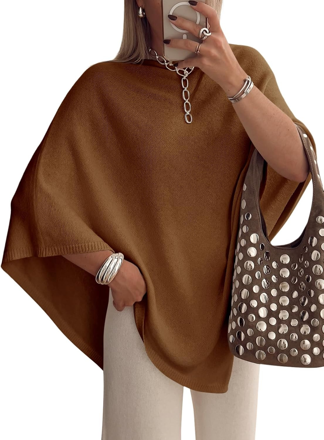 Saodimallsu Womens Poncho Sweater Boat Neck Batwing Sleeve Fall Trendy Casual Knit Pullover Cape Shawl Tops | Amazon (US)