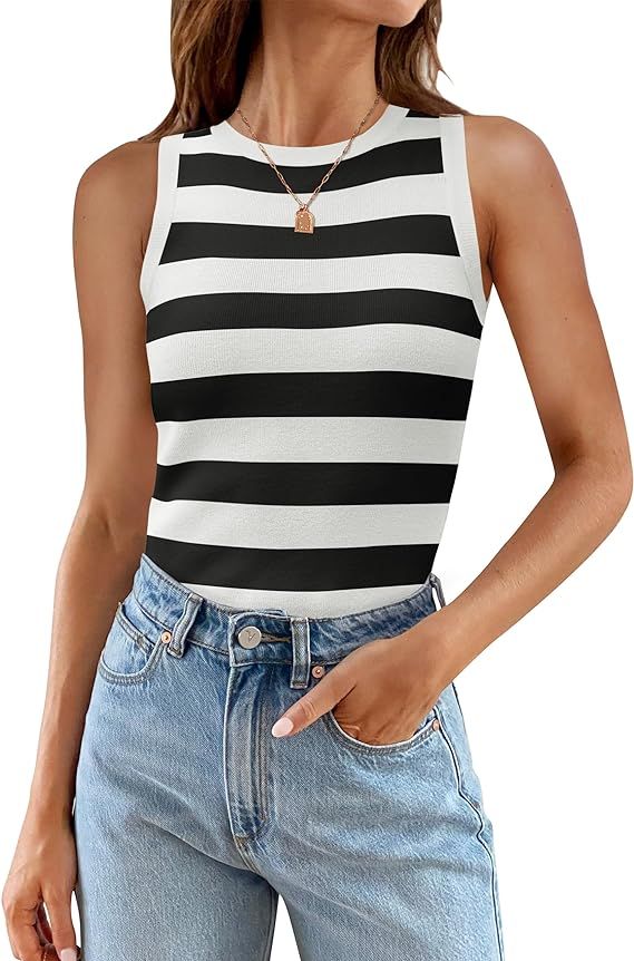 ZESICA Women's Summer Knit Striped Tank Tops 2024 Trendy Crewneck Sleeveless Shirts | Amazon (US)