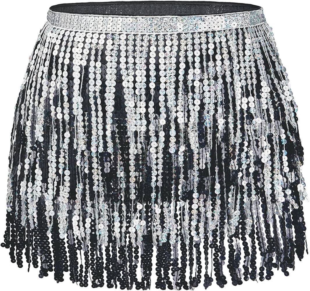 Womens Belly Dance Skirt Sequin Skirts Sparkly Rave Skirt Tassel Fringe Festival Outfit Belly Dan... | Amazon (US)