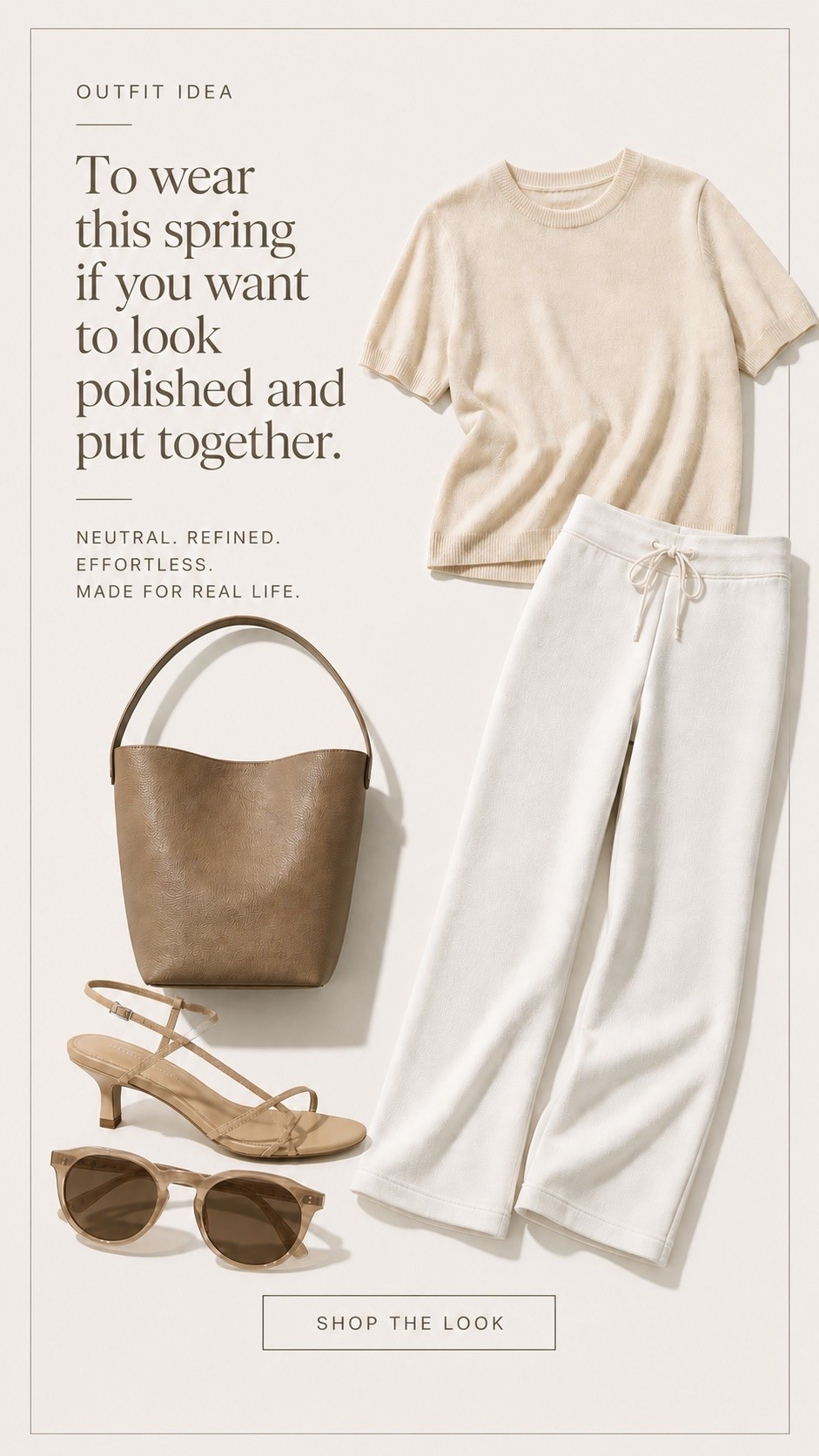 Neutral spring outfit idea from @quince that always looks polished and put together. Soft knit top, relaxed cream wide leg pants, minimal strappy heels, and a classic tan tote for effortless everyday style. Timeless capsule pieces you can wear on repeat for an elevated, clean look. #quincepartner