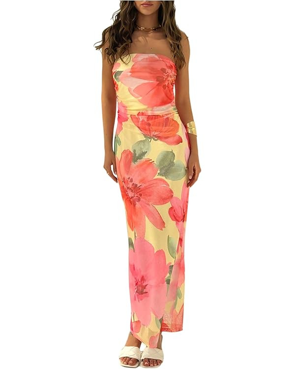 Milumia Women's Floral Strapless Bodycon Maxi Dress Summer Tube Top Dresses | Amazon (US)