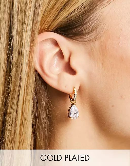 ASOS DESIGN 14k gold plate hoop earrings with crystal teardrop | ASOS (Global)