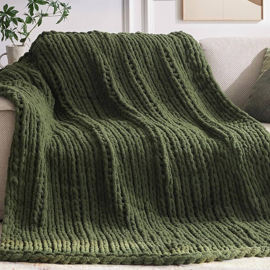 Chunky Knit Throw Blanket, 50''*60'' Knitted Throw Blankets for Bed Couch, Handmade Thick Green C... | Amazon (US)