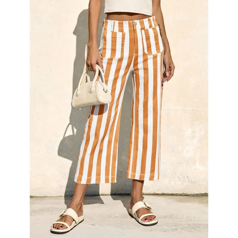 Women's High Waist Striped Printed Casual Pants, Ankle-Length Straight Leg Pants | Walmart (US)