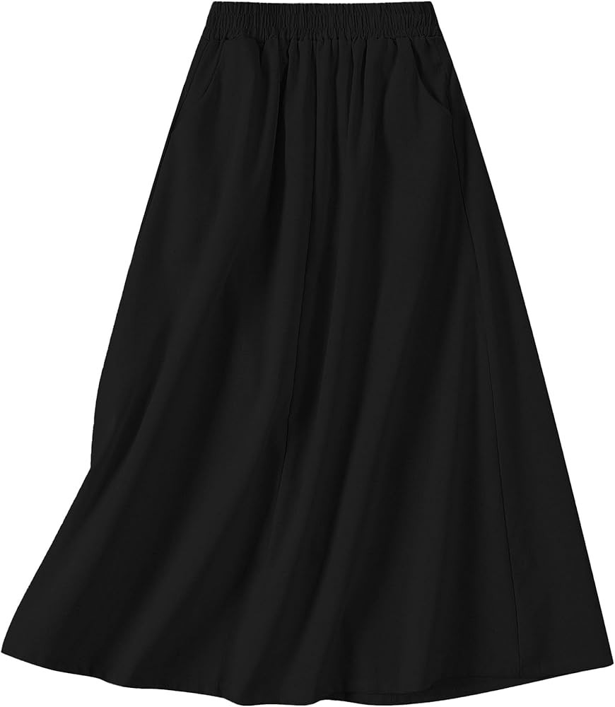 SANGTREE Women's Cotton Linen Midi Skirt with Pockets Casual Flowy Swing Elastic High Waist A-Lin... | Amazon (US)