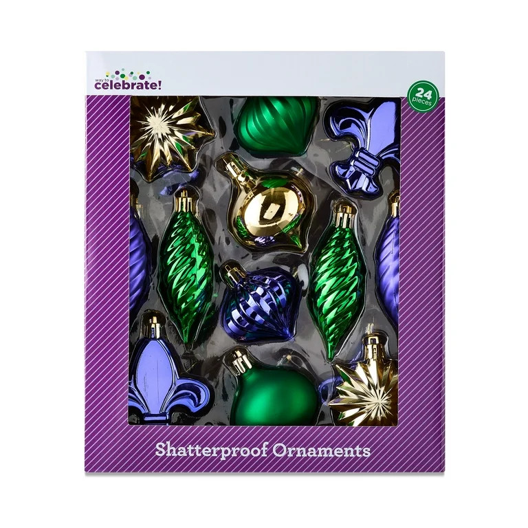 Shatterproof Ornaments, Multicolor, 24 Count, Mardi Gras by Way To Celebrate | Walmart (US)