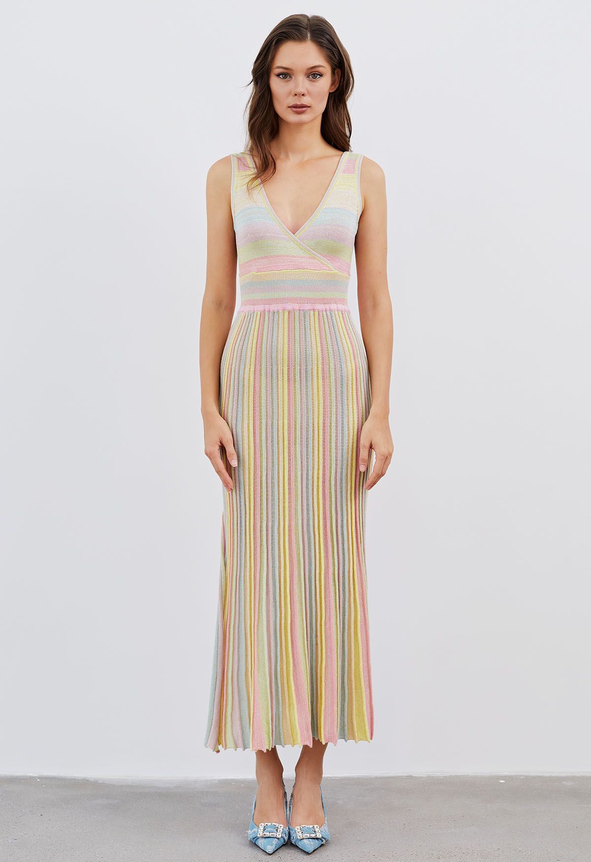 Colorful Stripes Faux-Wrap Sleeveless Knit Dress | Chicwish
