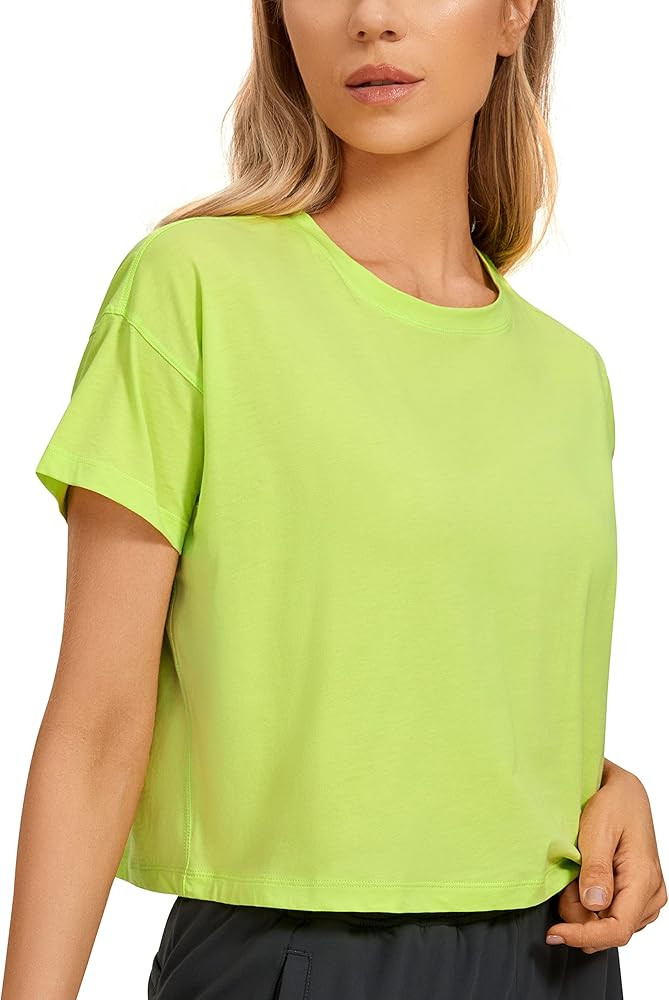 CRZ YOGA Women's Pima Cotton Workout Short Sleeve Shirts Loose Crop Tops Athletic Gym Shirt Casua... | Amazon (US)