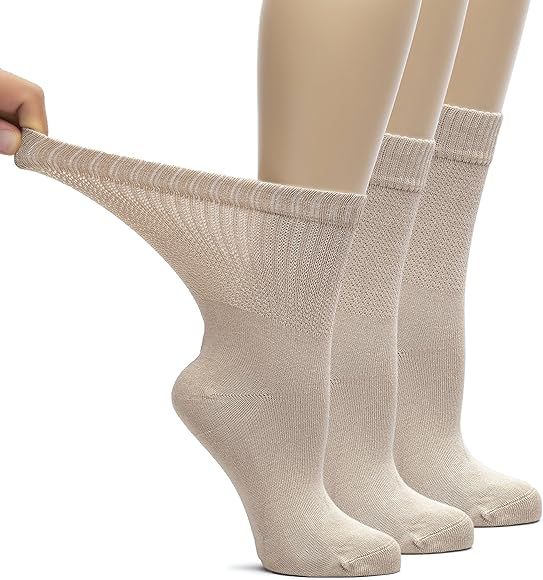Hugh Ugoli Women's Bamboo Loose Fit Diabetic Crew Socks, Soft, Seamless Toe, Wide Stretchy, Non-B... | Amazon (US)