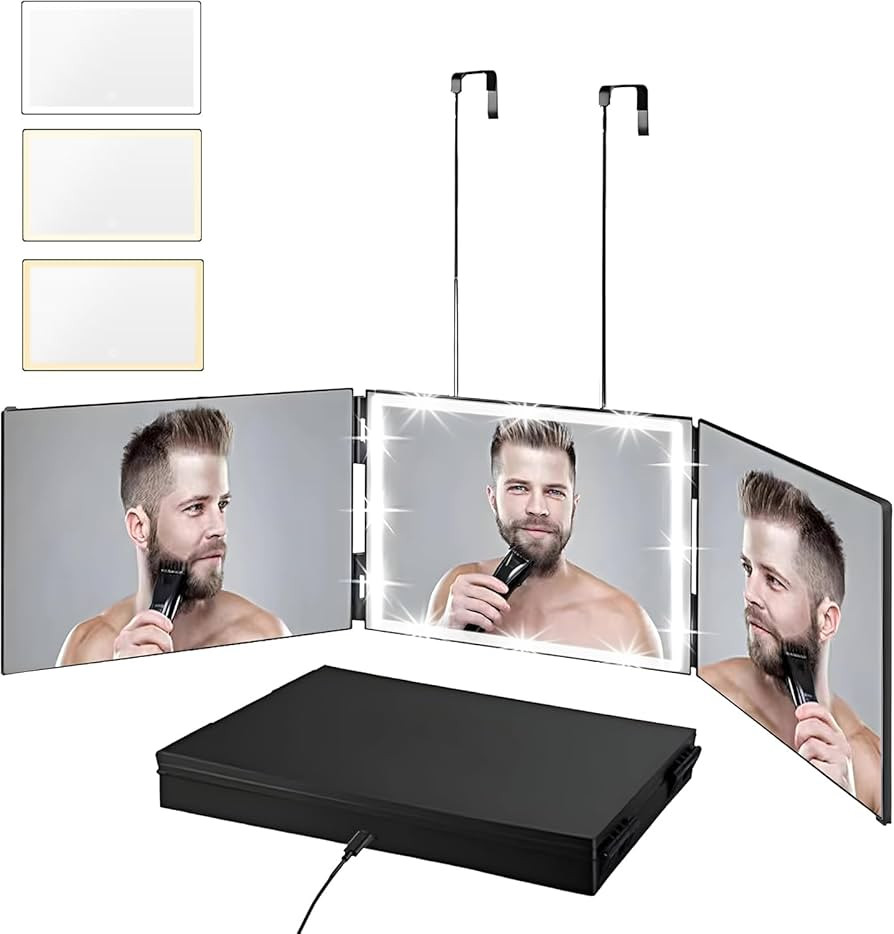 Vanexiss Rechargeable 3 Way Mirror for Hair Cutting, Real Glass Adjustable Trifold Mirror with 3 ... | Amazon (US)