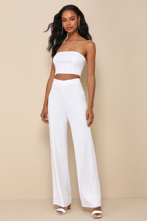 Poised Confidence White Sequin Two-Piece Strapless Jumpsuit | Lulus