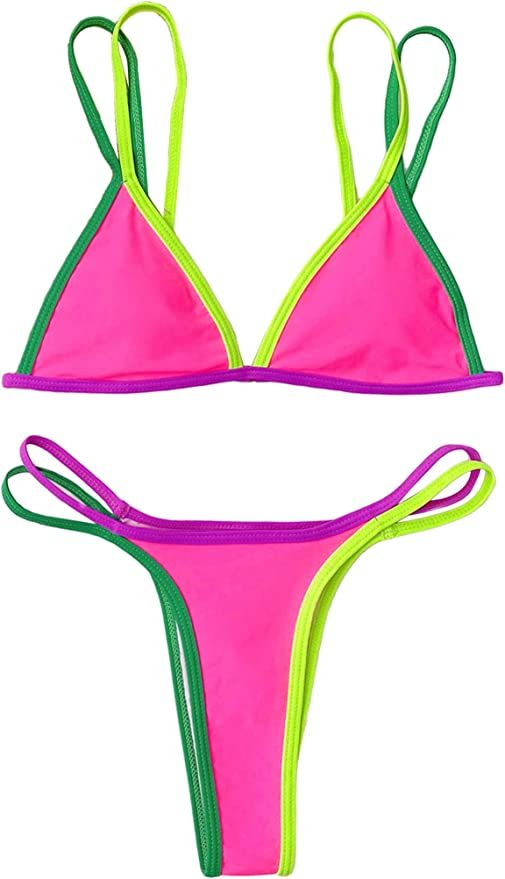 Remidoo Women's Sexy Color Block High Cut Triangle Thong Bikini Set 2 Piece Swimsuits | Amazon (US)