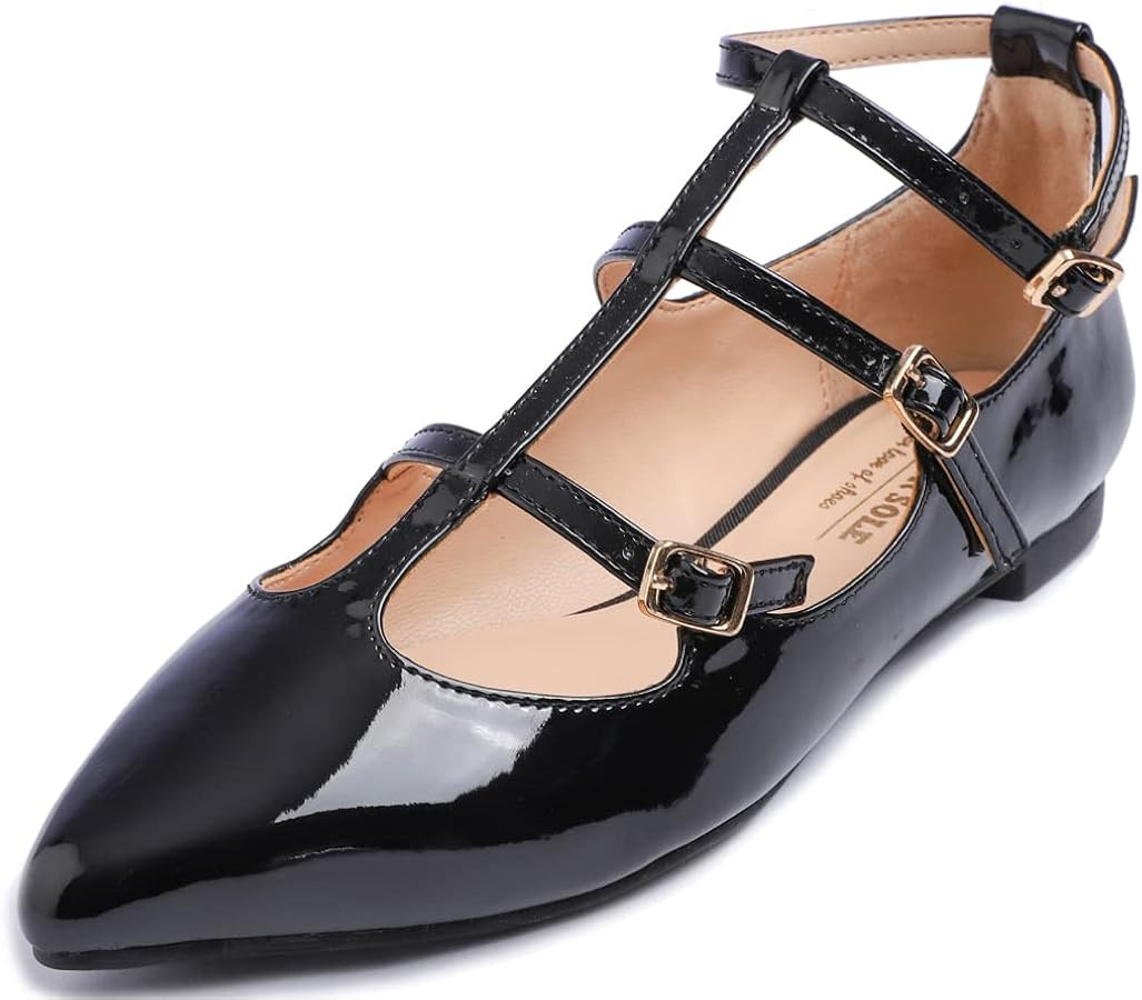 FEVERSOLE Women's Pointed Mary Jane Shoes Fashion Strap Buckle Slip On Flats | Amazon (US)