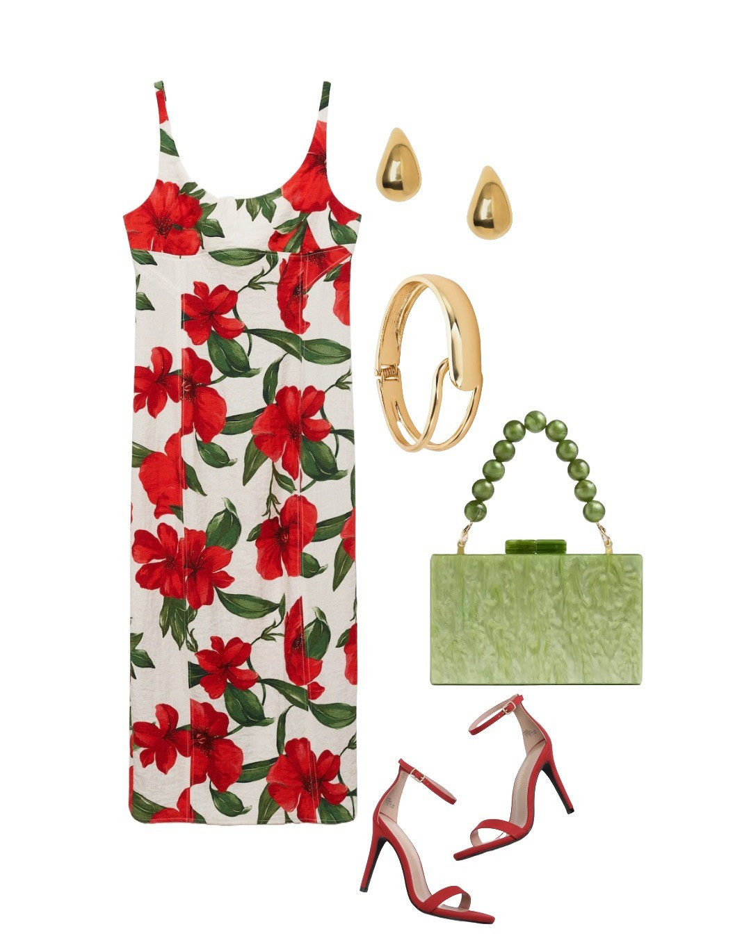 Date night outfit inspiration Red floral bodycon dress. Marks and Spencer gold Dome earrings John Lewis gold cuff bangleLKB maeve green acrylic clutch bagAmazon brand red strap heel sandals

#LTKuk #LTKeurope #LTKstyletip