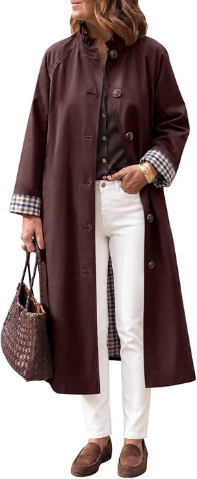 Tankaneo Womens Trench Coat Ruffle Collar Plaid Lining Long Jacket | Amazon (US)