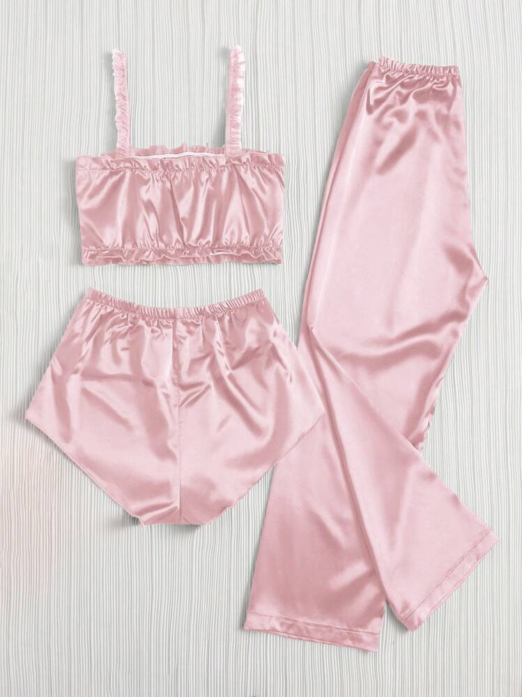 Plain Pleated Satin Pajama Set, Including Cami Top & Shorts & Long Pants | SHEIN