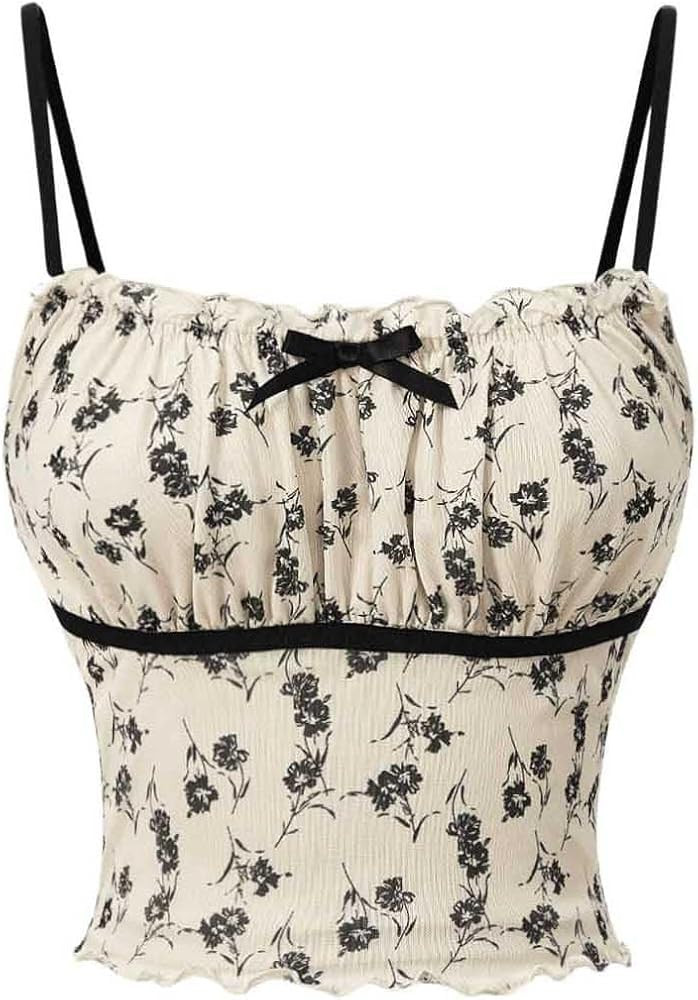 Women's Floral Printed Bow Front Cami Crop Top Lettuce Trim Sleeveless Slim Fit Spaghetti Strap T... | Amazon (US)