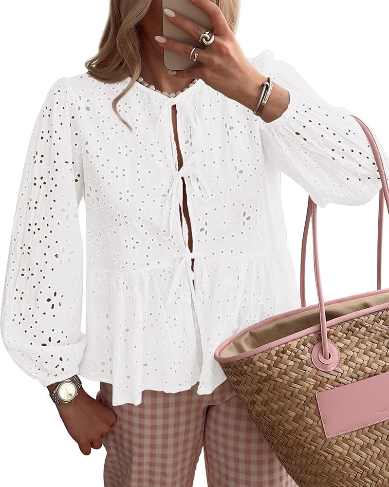 KIRUNDO Womens Tops Casual Dressy Tie Front Bow Puff Sleeve Eyelet Peplum Babydoll Cute Shirts 20... | Amazon (US)