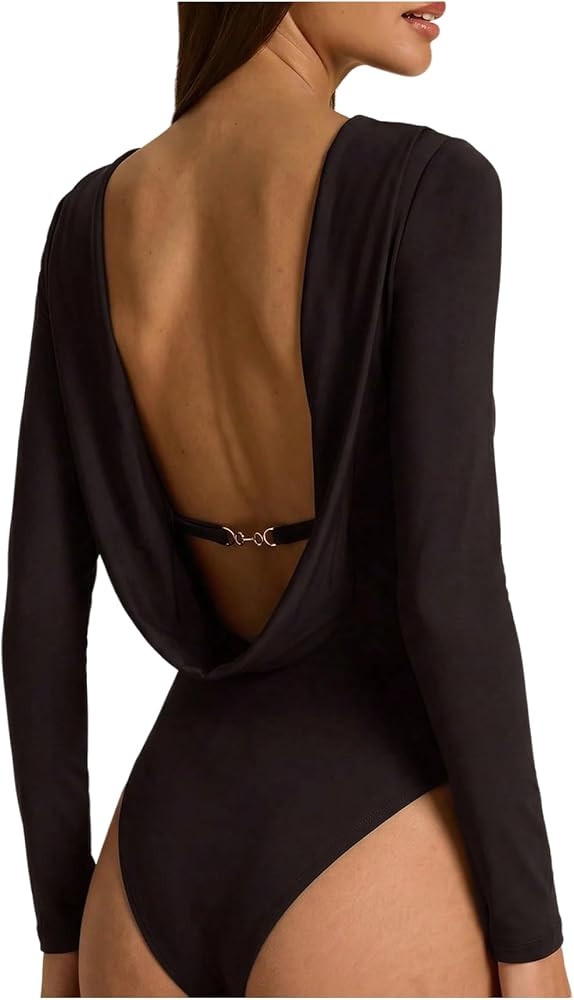 MakeMeChic Women's Backless Draped Bodysuit Crewneck Going Out Tops | Amazon (US)