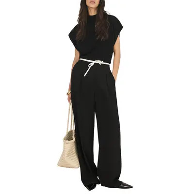 MINT VELVET Contrast Waist Wide Leg Trousers in Black at Nordstrom, Size Small | Nordstrom