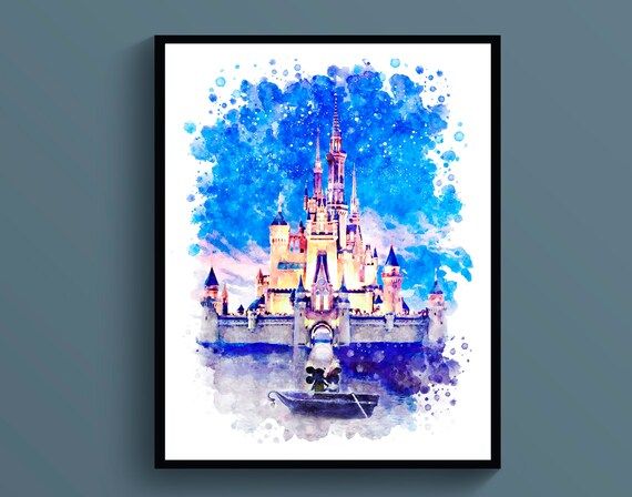 Disney Castle Watercolor Print Mickey Mouse and Minnie Mouse in the Boat Poster Kids Room Decor N... | Etsy (US)