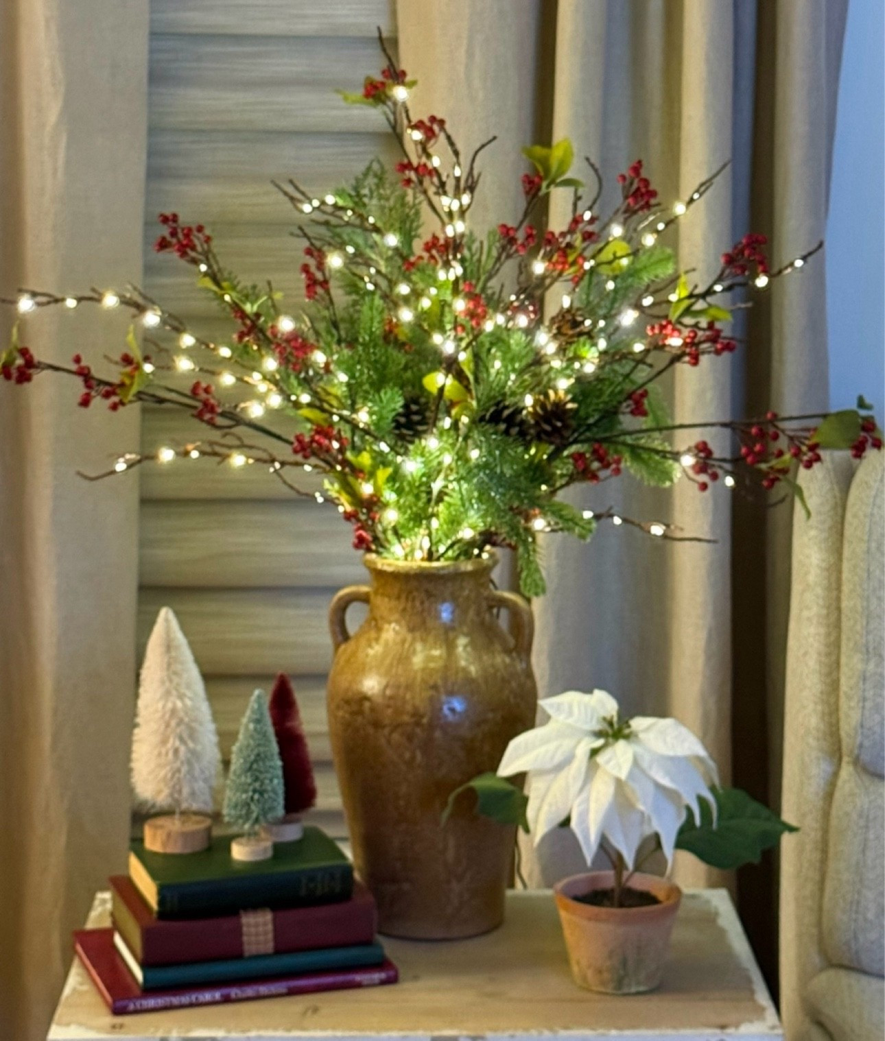 These pretty electric lighted brown willow branches come with 200 fairy lights with a timer and dimmer. These lights are perfect for the holiday season and thru the wintertime to keep some sparkle in your home during the long winter months. Also sharing some pine stems and berries, my sweet white poinsettia plant, some cute bottle brush trees and some similar vases to mine. 

#LTKSaleAlert #LTKGiftGuide #LTKHome