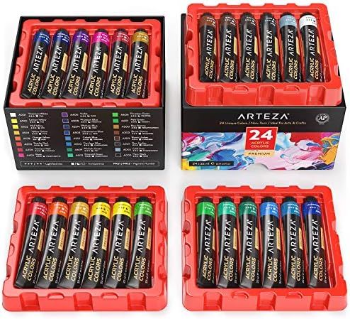 Arteza Acrylic Paint, Set of 24 Colors/Tubes (0.74 oz, 22 ml) with Storage Box, Rich Pigments, Non F | Amazon (US)