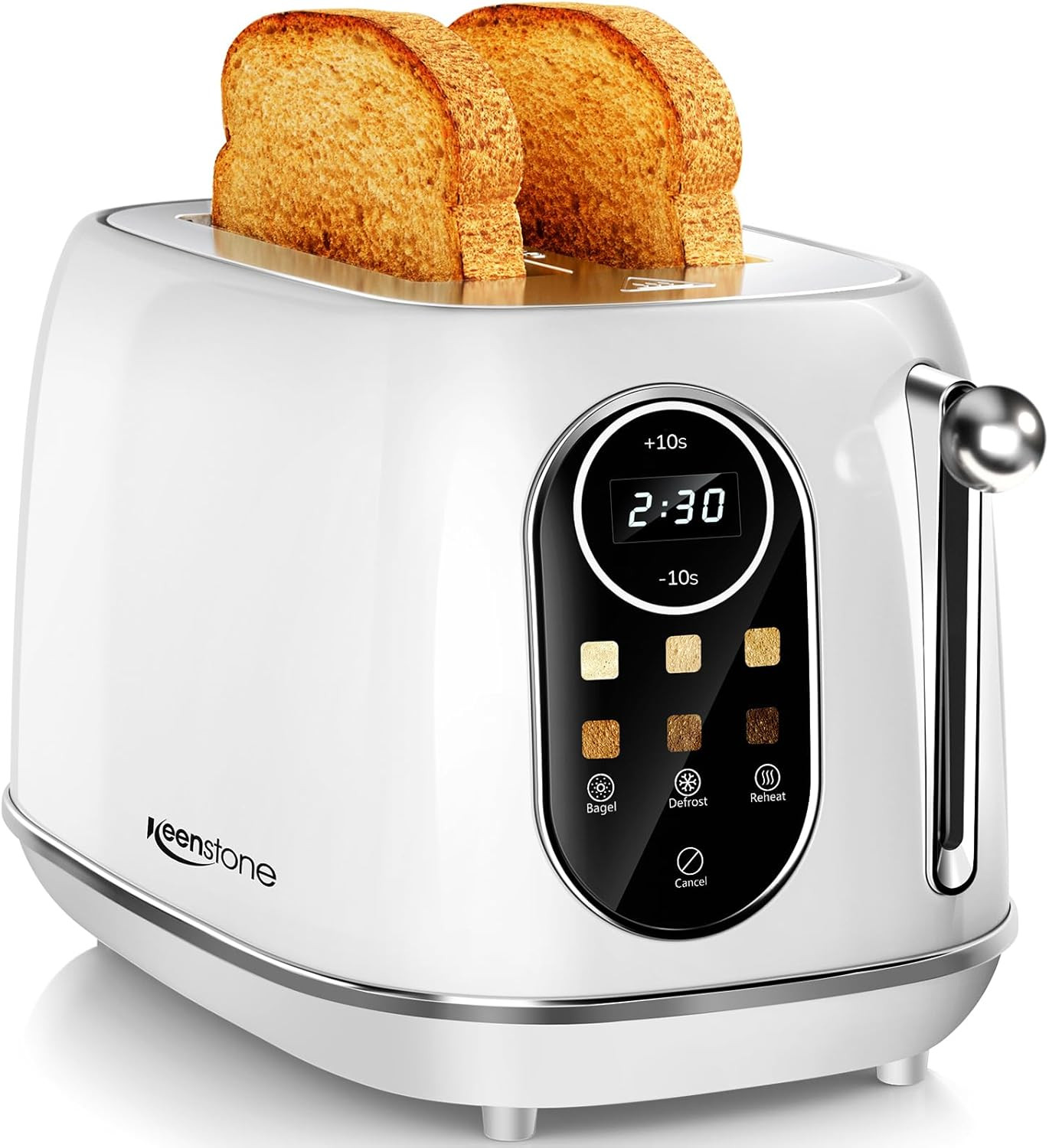 Keenstone Smart Touch Screen Toaster 2 Slice, Retro Wide Slot Stainless Steel Toaster with 6 Browning Levels, Reheat & Defrost, for Bagel, Toast, Bread, Removable Crumb Tray, White | Amazon (US)