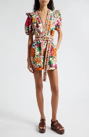 FARM Rio Flowerful Puff Sleeve Cotton Belted Romper | Nordstrom | Nordstrom