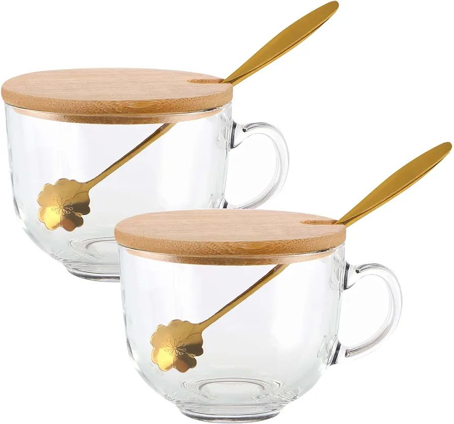 MDLUU 16oz Coffee Mugs with Handle, Glass Cups with Bamboo Lids & Cherry Blossom Spoons, Clear Dr... | Amazon (US)