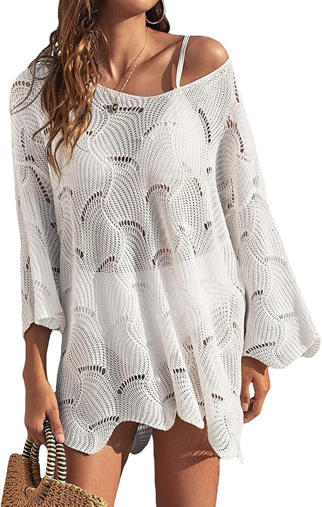 SheIn Women's Crochet White Beach Cover Up White Beach Dress Beach Vacation Dress  | Amazon (US)