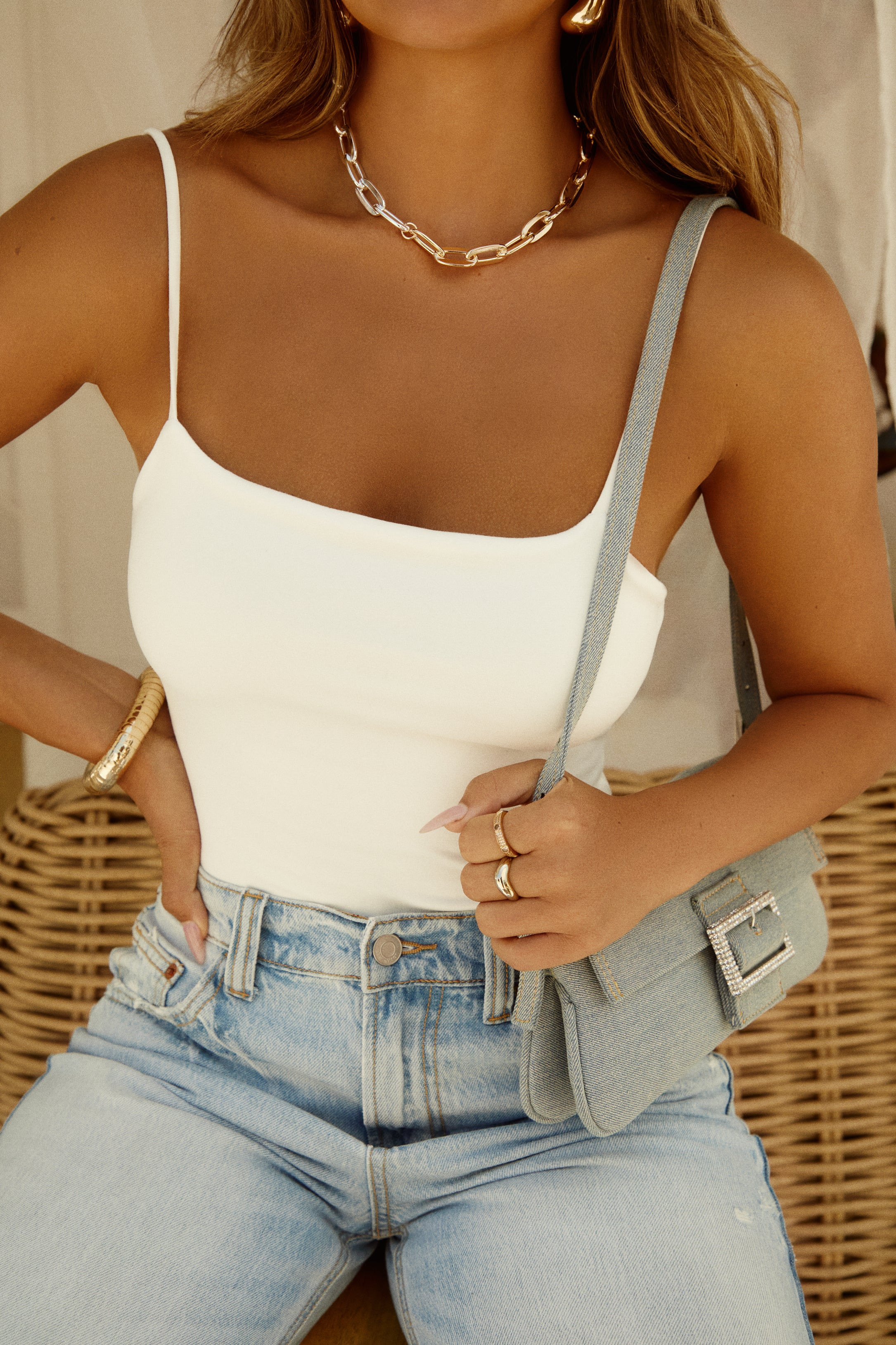 Miss Lola | Emaria White Spaghetti Strap Bodysuit | MISS LOLA