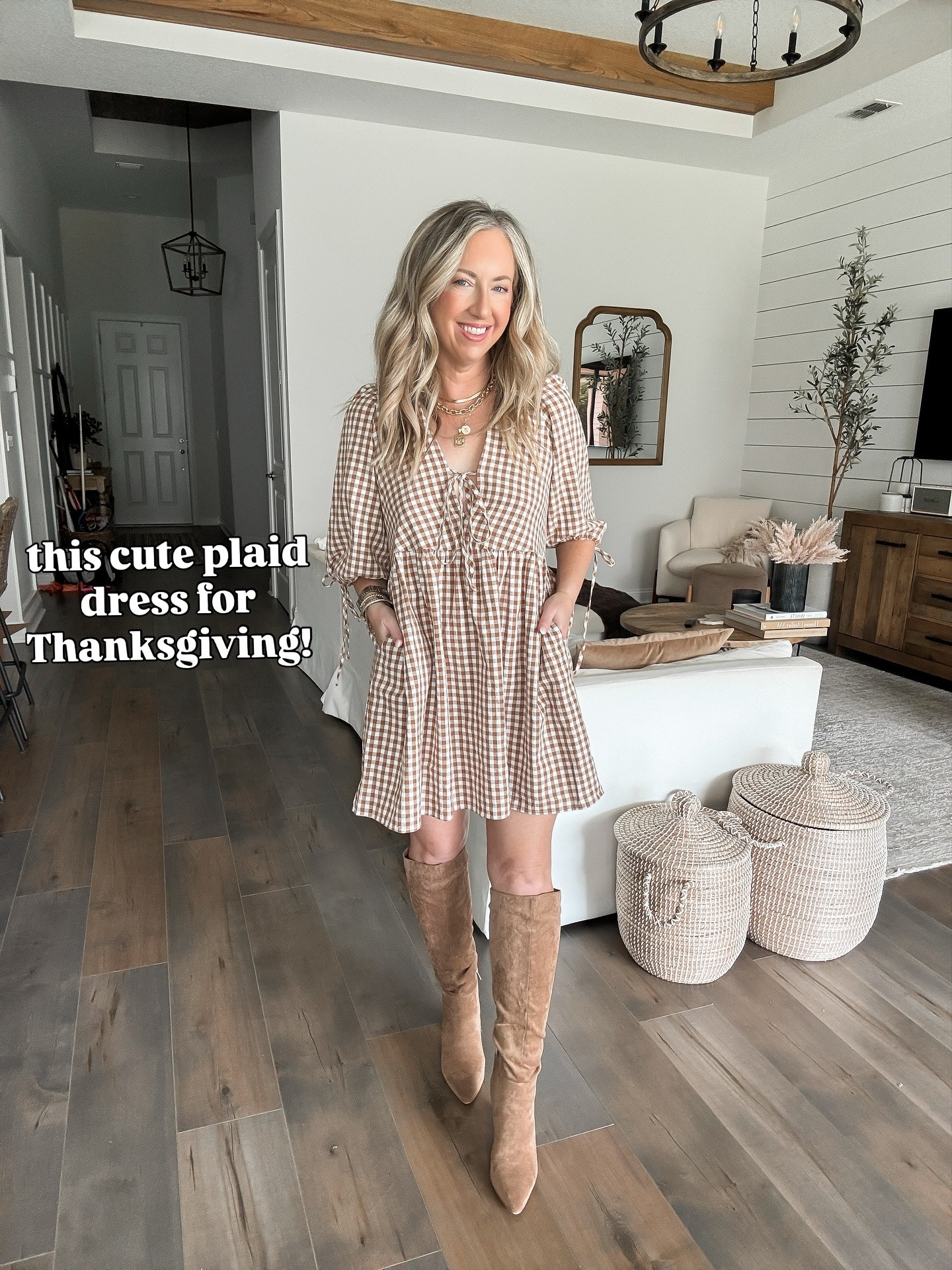 Plaid dress for a cute Thanksgiving look 🤎 mini dress, knee high boots, plaid, trending, bow ties, dressed up Thanksgiving, holiday dinner outfit, petite style | Wearing size small 

 #LTKHoliday #LTKPetite #LTKFindsUnder50