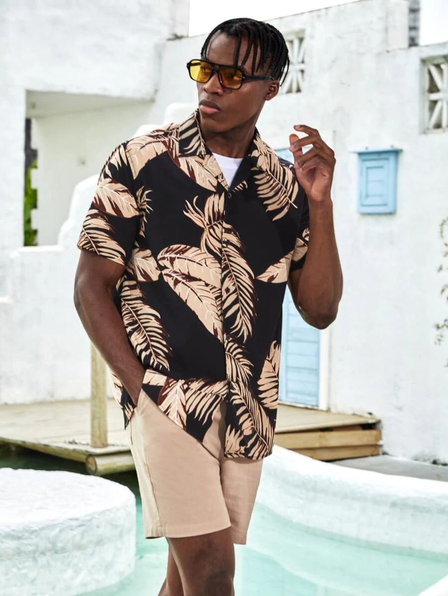 Manfinity RSRT Loose Fit Men's Beach Outfits Tropical Print Shirt & Drawstring Waist Shorts | SHEIN