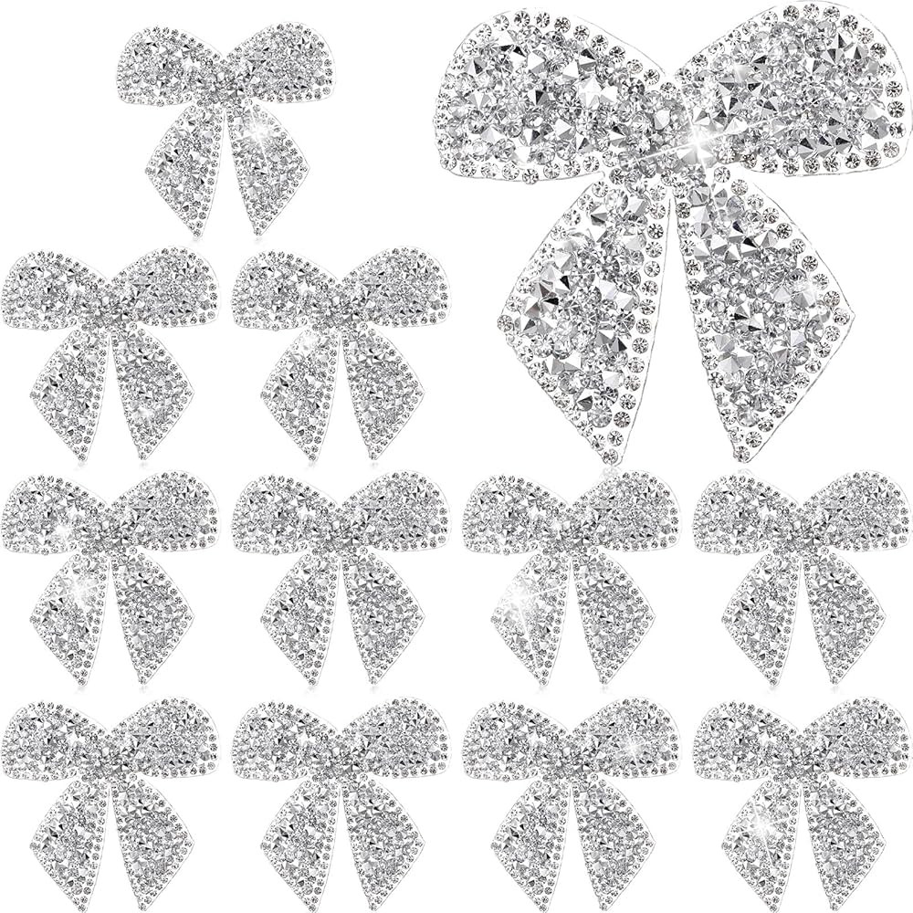 12 Pieces Bow Knot Rhinestone Patches Sparkling Crystal Bow Appliques Iron Sew on Patches Silver ... | Amazon (US)
