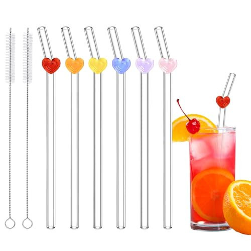 6 Pcs Heart Glass Straws, Cute Colorful Heart Bent Glass Straw Shatter Resistant, Reusable Love Straws Charms for Coffee, Milkshake, Cocktail, Smoothies, Juice, Valentine's Day Gift | Amazon (US)