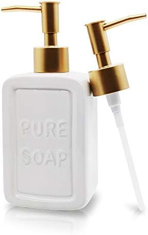Decorative Soap Dispenser White Ceramic Lotion Bottle with Embossed Letters Noble Golden Matte Pump | Amazon (US)