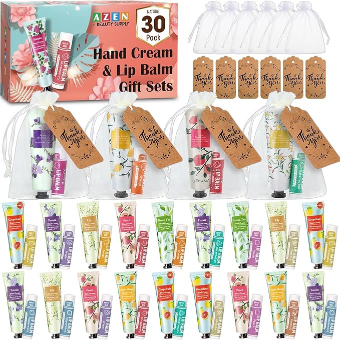 AZEN 30 Sets Bulk Gifts, Hand Cream and Lip Balm Bulk Set with Organza Bag Thank You Card, Baby S... | Amazon (US)