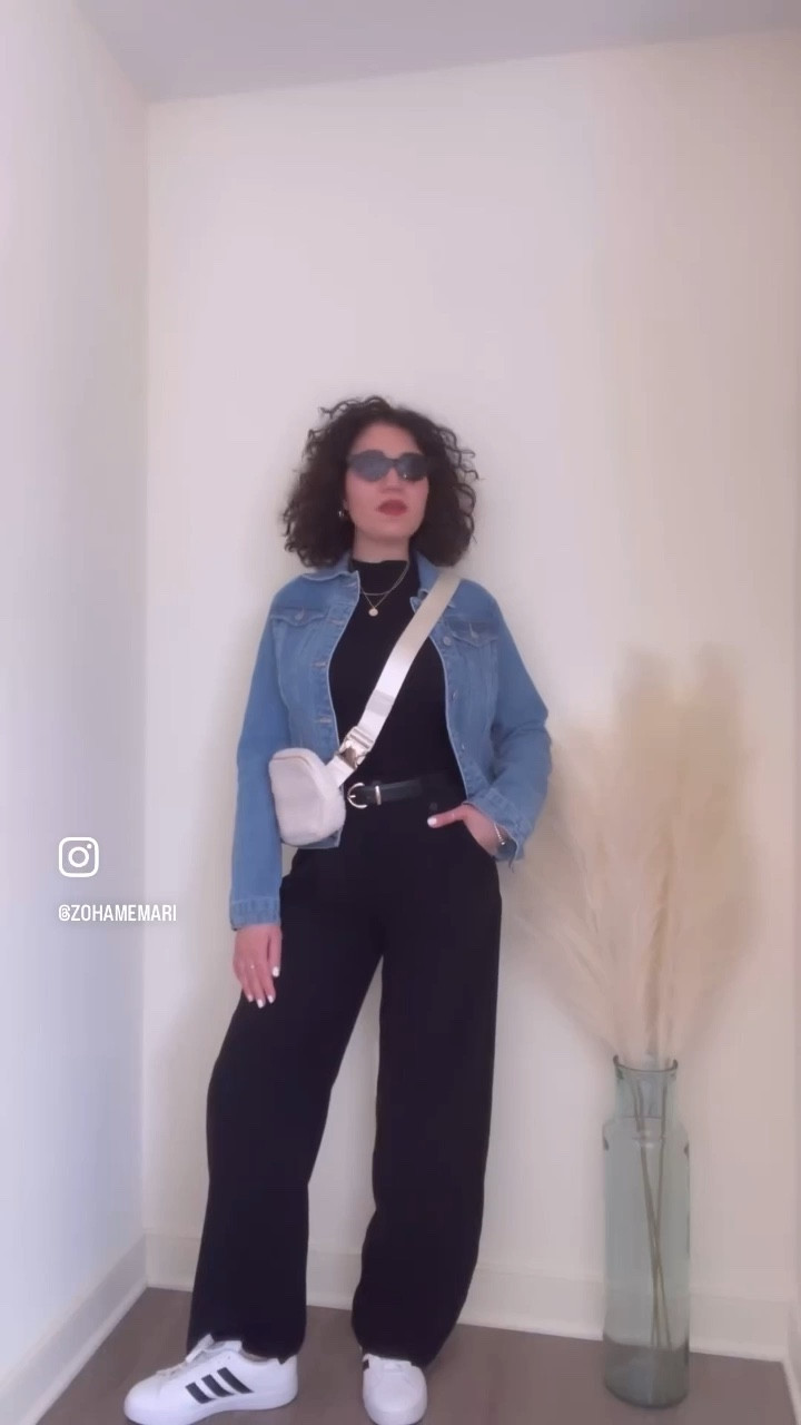 Casual outfit, denim jacket, black pants, adidas sneakers, belt bag 

#LTKSpringSale #LTKstyletip