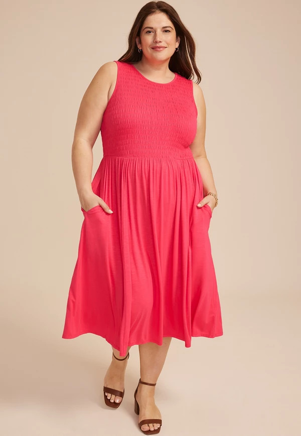 Plus Size 24/7 Bare Smocked Bodice Midi Dress | Maurices