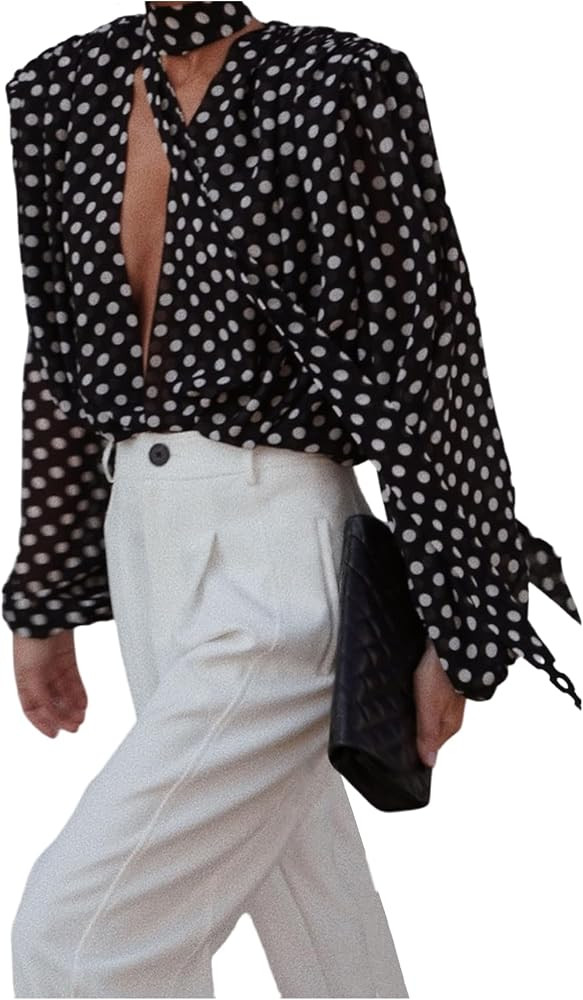 Floerns Women's Polka Dots Blouses Lantern Sleeve Deep V Neck Going Out Tops with Scarf | Amazon (US)